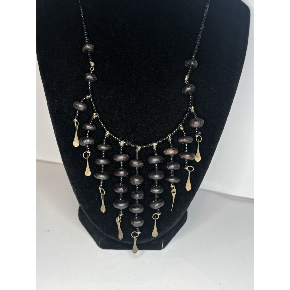 Vintage Wood Bead Bib Necklace Black Seed Beads Brass Dangle Boho Ethnic 16.5"